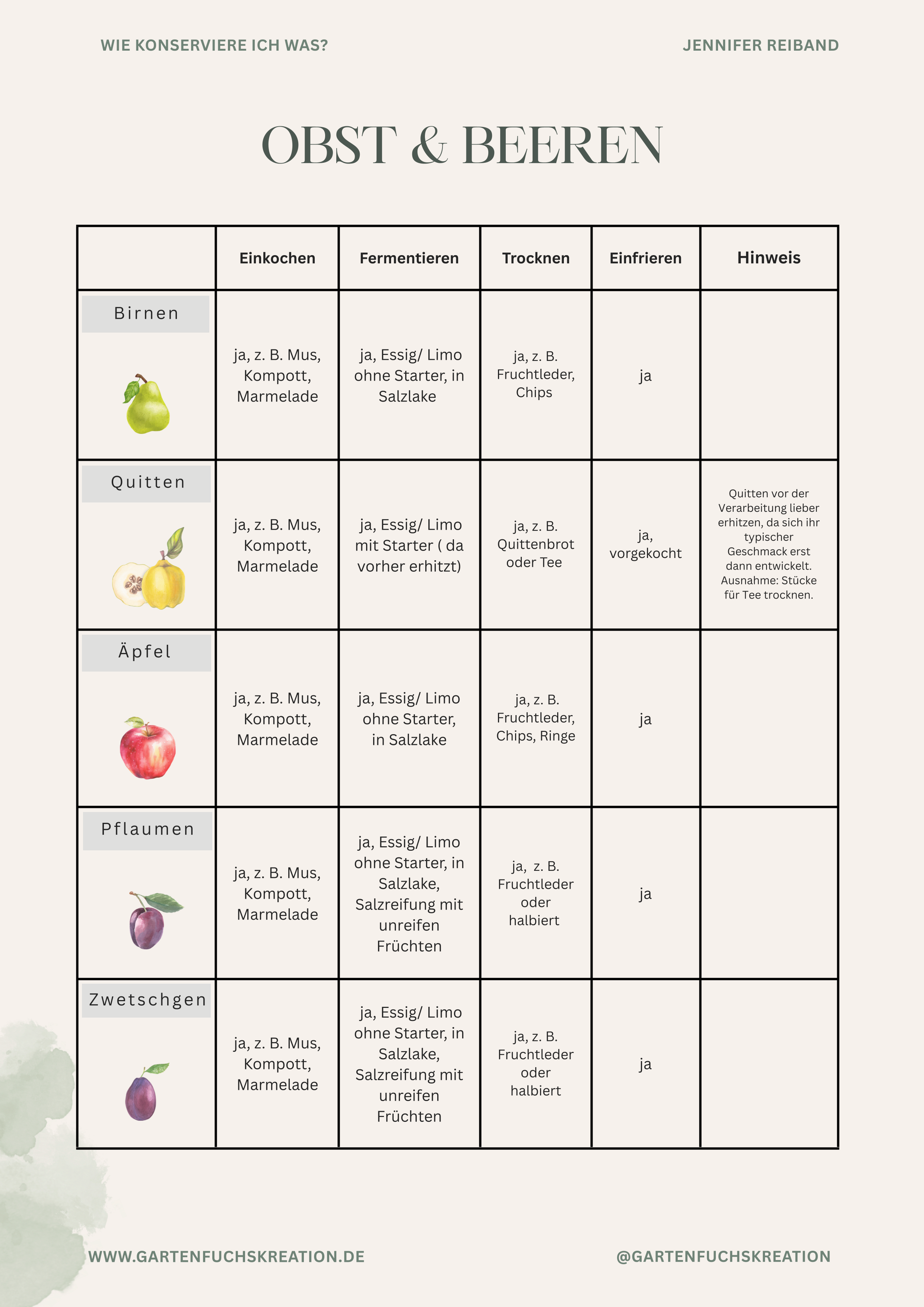 Tabelle mit Tipps zum Konservieren von Obst, Angaben zu verschiedenen Früchten wie Birnen, Quitten, Äpfeln, Zwetschgen, mit Anweisungen zum Einkochen, Fermentieren, Trocknen, Einfrieren und Hinweise für die Lagerung. Enthält auch Illustrationen der Früchte neben den jeweiligen Zeilen.