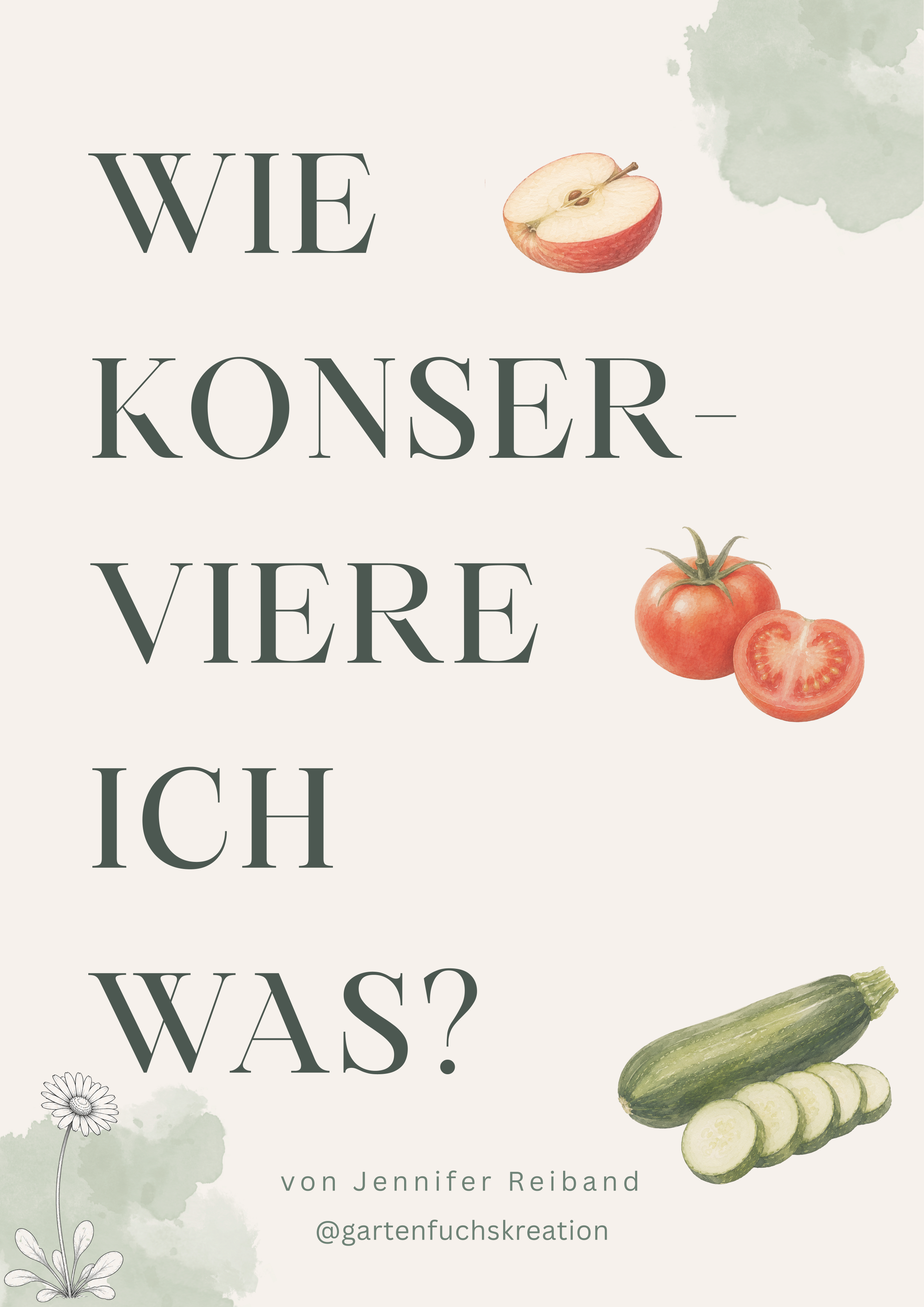 Titel des Buches: "Wie Konserven-Ich Wäsche Wäs?" mit Abbildungen von einer halben Apfelscheibe, Tomaten, Gurke und einigen Gartenzweigen, auf einem hellen Hintergrund.