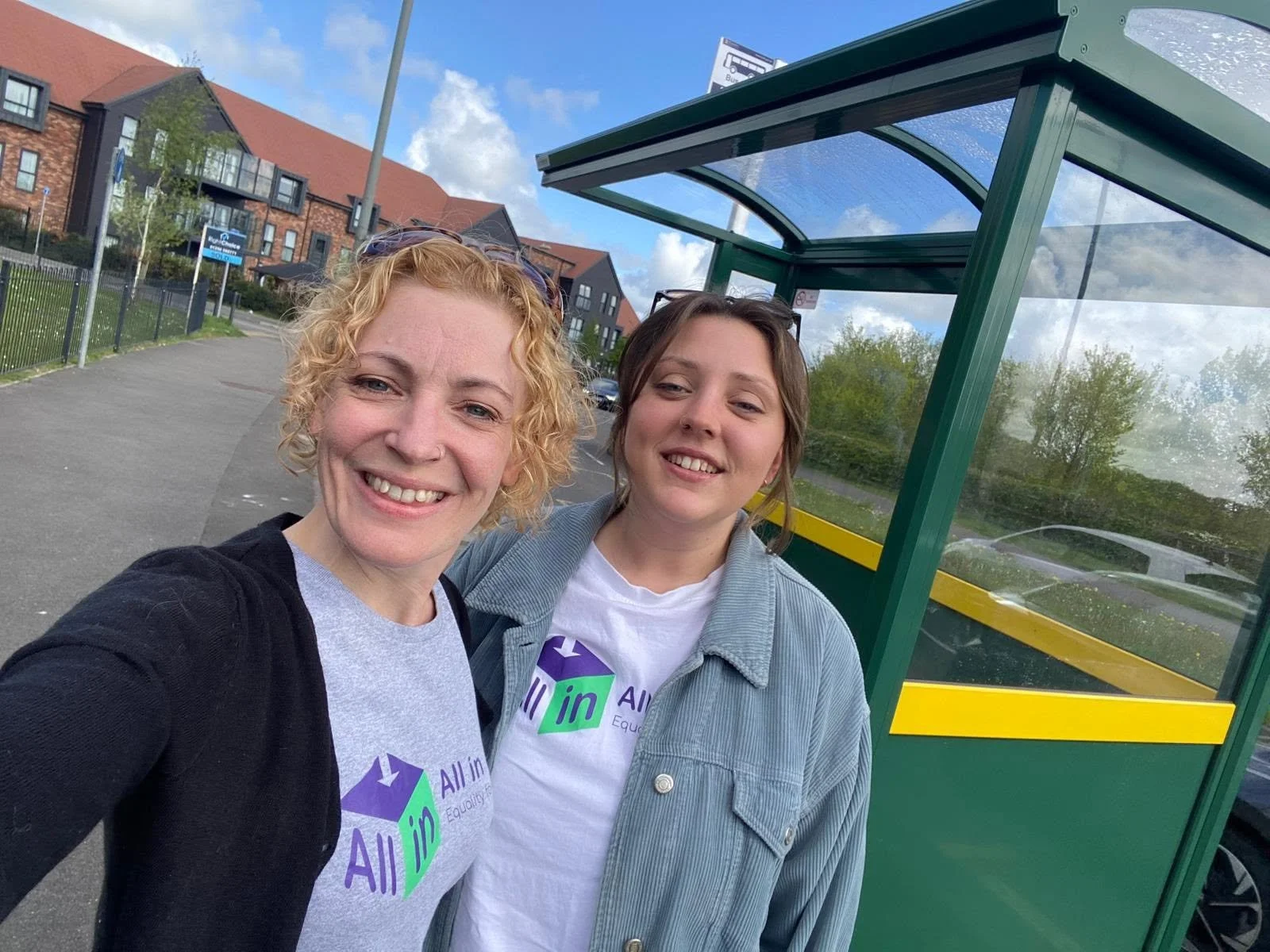 Images of two women standing in front of a bus shelter