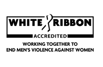 White Ribbon Accredited logo promoting the fight to end men's violence against women.
