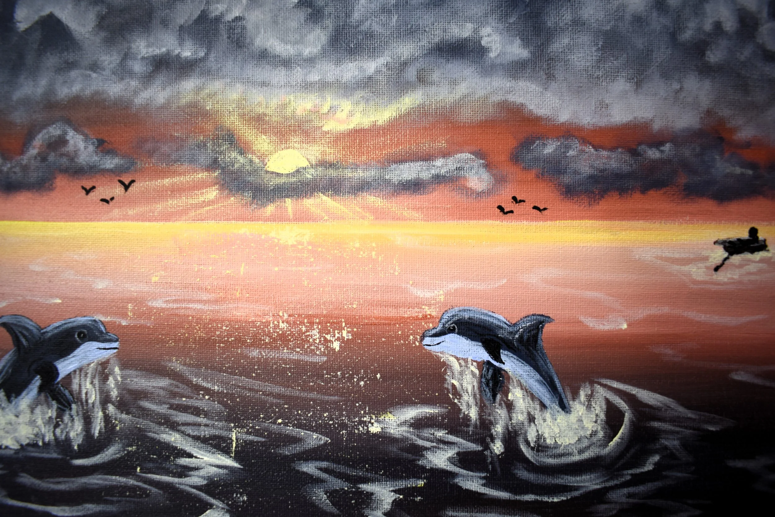 Daybreak Dolphins, 2024, acrylic, wrapped canvas - 11" by 14"by 1/2" inch