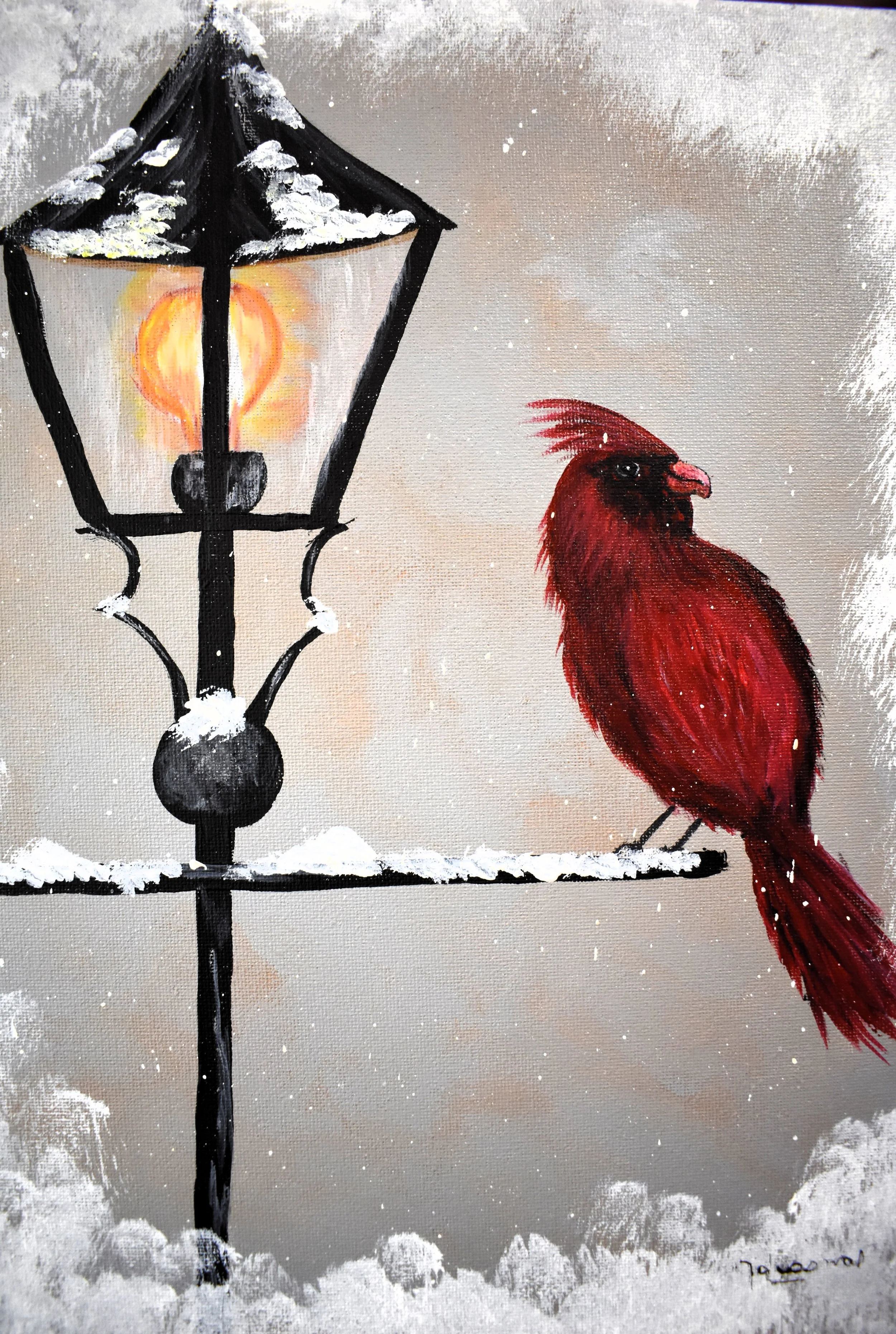 Snow Cardinal, 2024, acrylic, wrapped canvas - 8" by 10" by 1/2"  inch