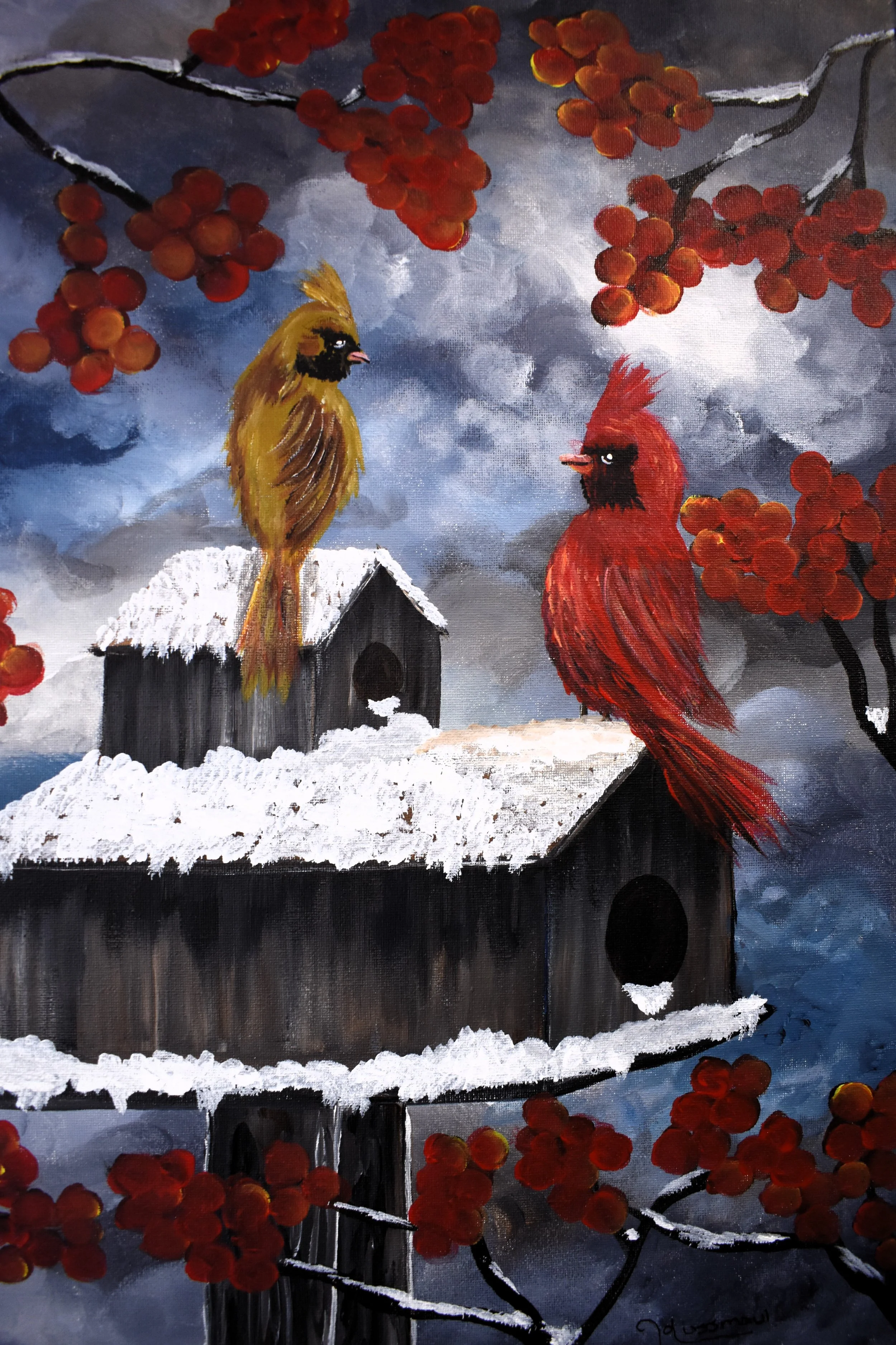 Nesting Cardinal's, 2024, acrylic, wrapped canvas - 16" by 20" by 1/2 inch