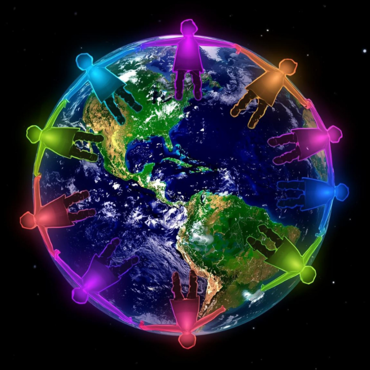 Globale Karte des Planeten Erde mit bunten, leuchtenden Figuren von Menschen, die um den Globus tanzen.