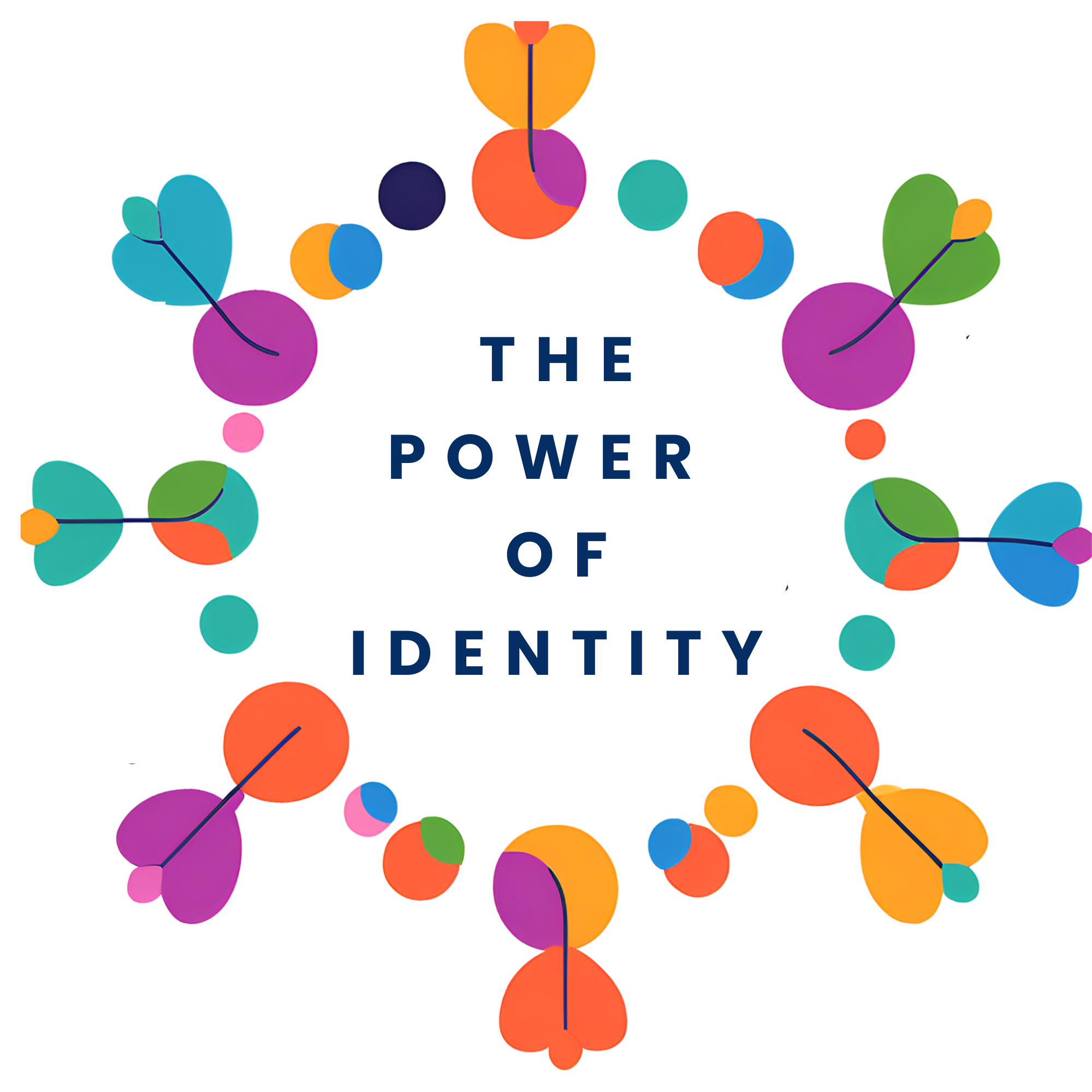 Farbenfrohe Illustration mit bunten, abstrakten Blättern und Kreisen um den Text "The Power of Identity" in der Mitte.