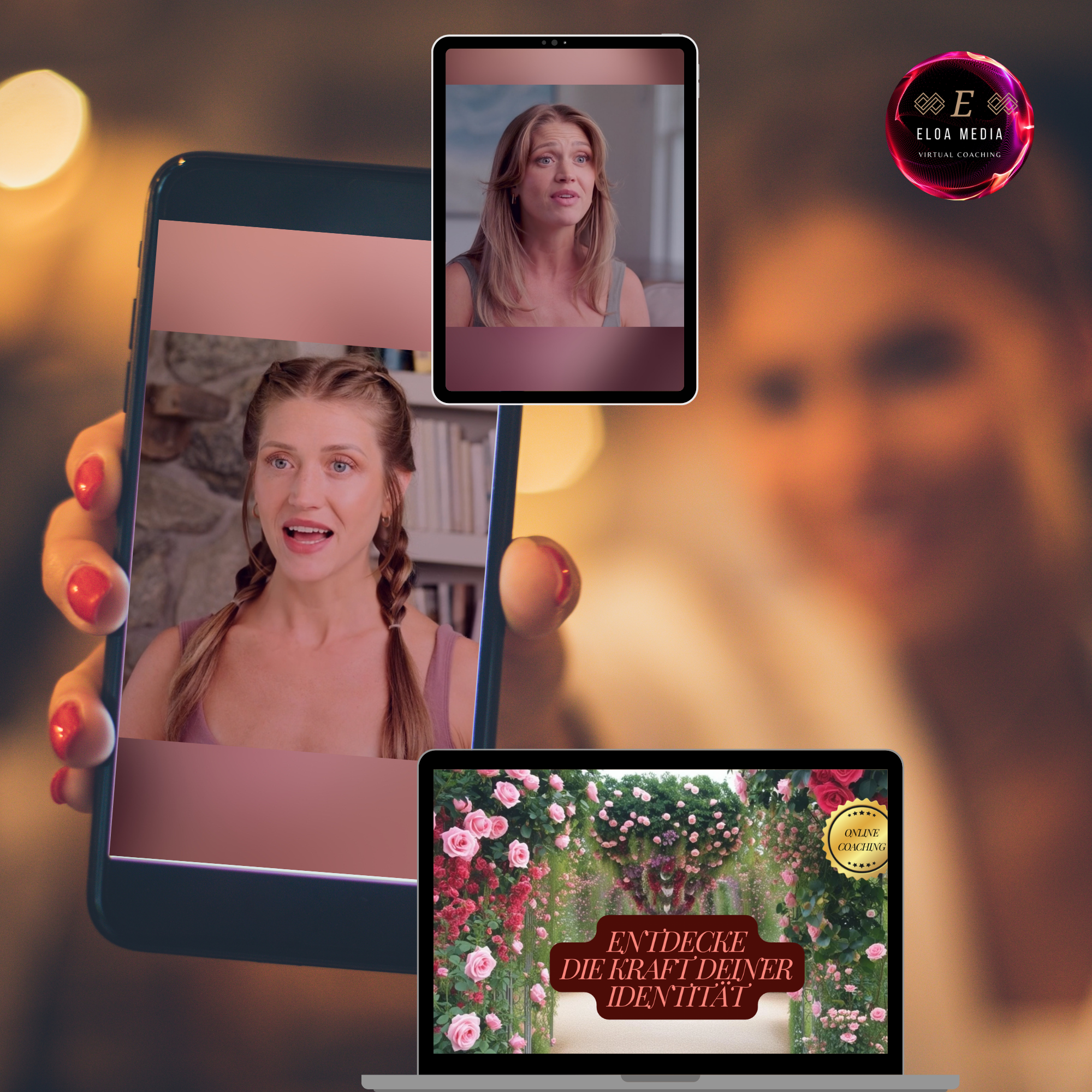 Eine Hand hält ein Smartphone mit mehreren auf dem Bildschirm sichtbar werdenden Video-Call-Fenstern, in denen Frauen mit längem Haar sprechen. Im Hintergrund ist eine unklare bunte Beleuchtung. Zusätzlich ist ein Laptop mit einem Online-Coaching-Programm zu sehen, das den Text "Entdecke die Kraft deiner Identität" zeigt, umgeben von Rosen und Blumen.
