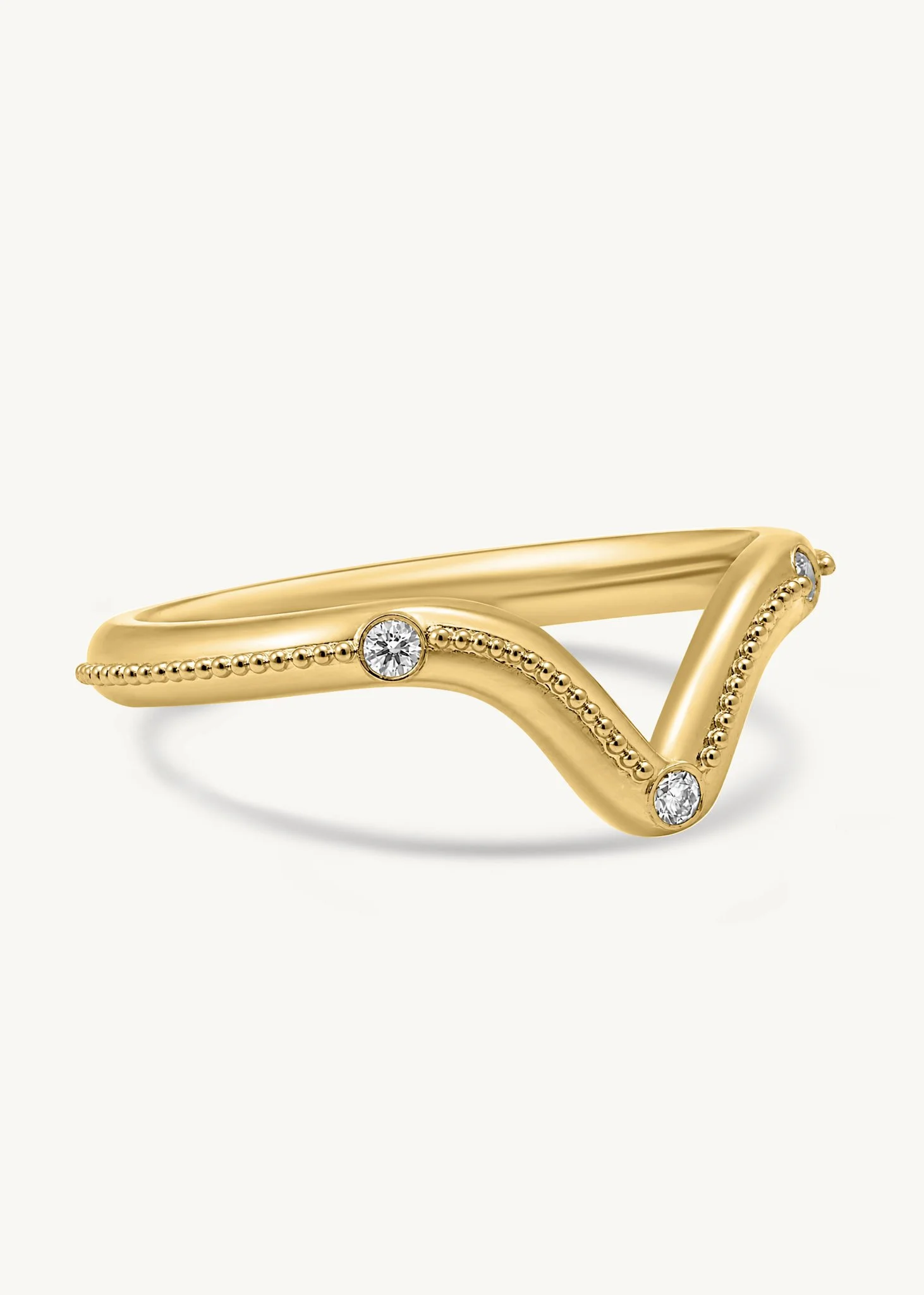 Handmade 18k gold fitted diamond wedding band with three diamonds and fine granulation by Rings by NK.