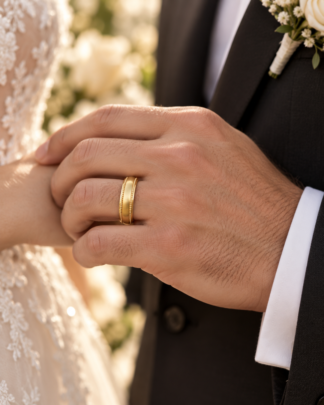 Handmade 18k gold men’s wedding band with satin finish and fine granulation, worn on the hand.