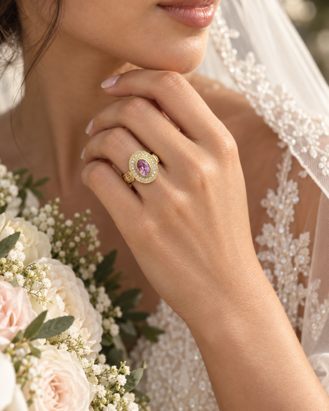 Handmade 18k gold Pink Sapphire Halo ring with diamond halo and fine granulation, worn on the hand.