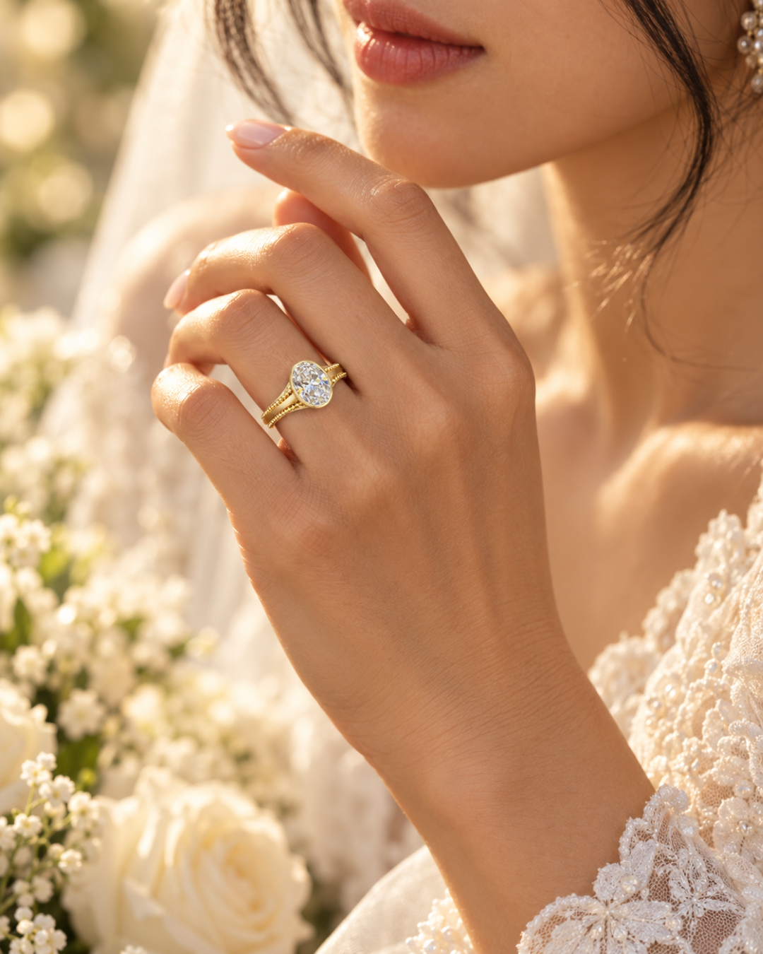 Handmade 18k gold oval diamond Signature Solitaire engagement ring with fine granulation, worn on the hand.