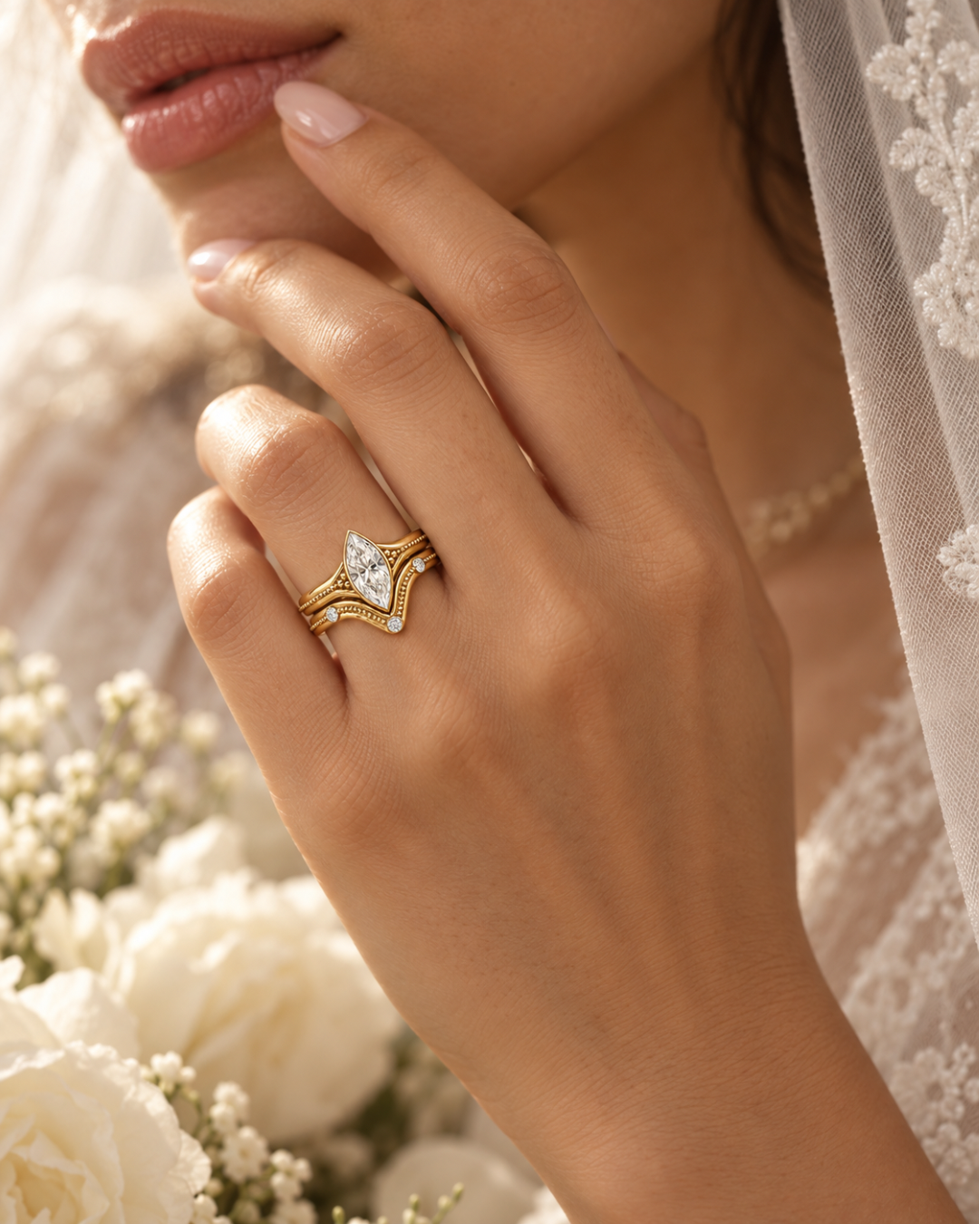 Marquise engagement ring with its fitted handmade wedding band.