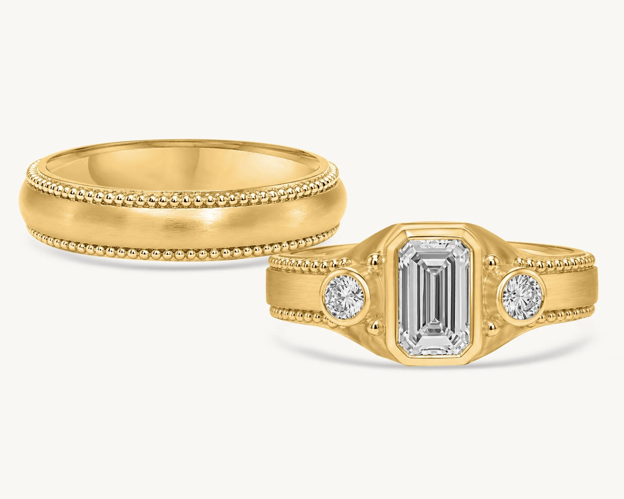 Emerald Three Stone and Double Granule Band