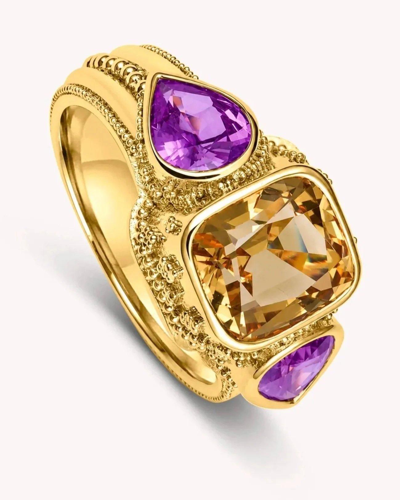 Handmade 18k gold ring with imperial topaz, pink sapphires and extensive traditional gold granulation by Rings by NK.