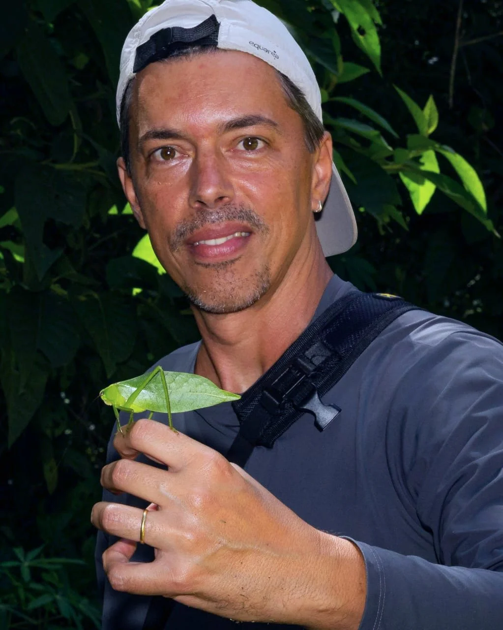 A man wearing a white cap backwards, a gray shirt, and a backpack stands in a lush green forest, holding a bright green leaf insect in his hand.