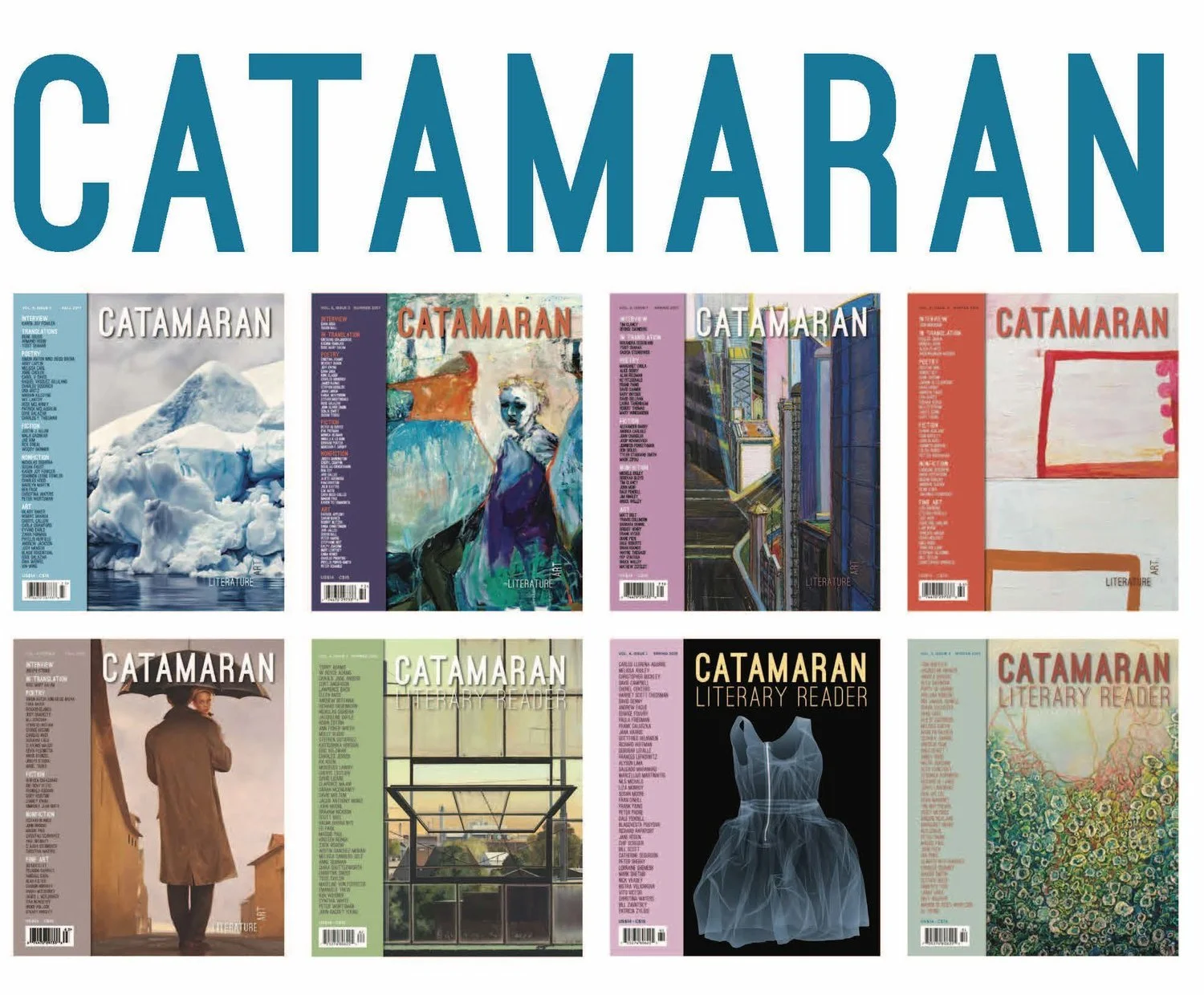 Layout displaying nine "Catamaran" literary magazine covers with various artistic designs, including landscapes, abstract art, and portraits. The word "CATAMARAN" is prominently above the images.