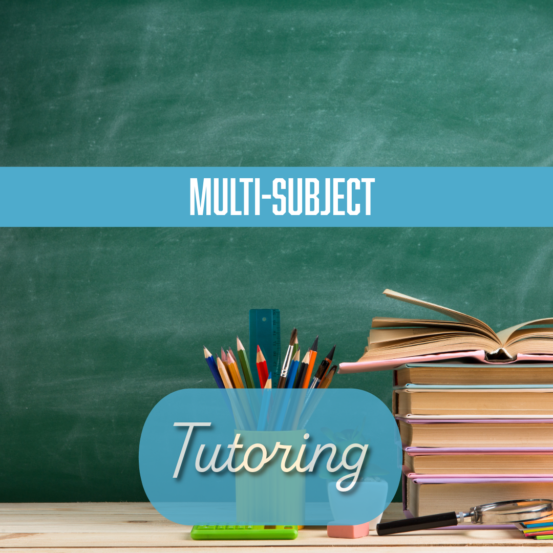 Chalkboard with text "Multi-Subject," stack of books, open book, pencils in a cup, and magnifying glass, with text "Tutoring."