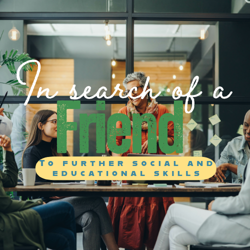 Group meeting in office with "In search of a Friend" text overlay