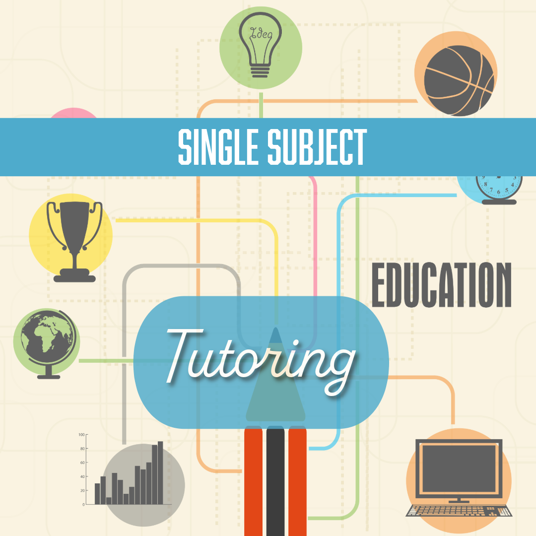 Illustration promoting single subject tutoring with images of a lightbulb, basketball, trophy, globe, chart, clock, and computer. Features text saying "Single Subject Tutoring Education."