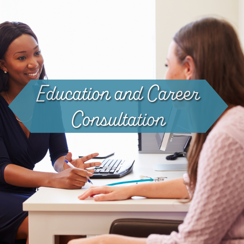 Two women discussing at an office desk with text "Education and Career Consultation" overlaying the image.
