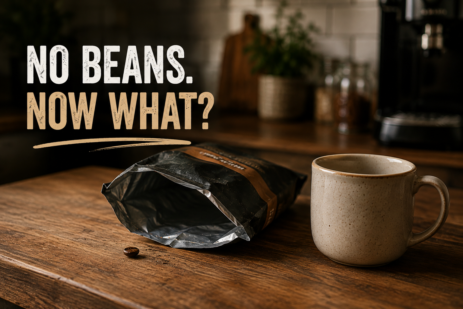 An image of an empty bag of coffee beans laid on a wooden table, with a single bean and an empty mottled coffee mug beside it