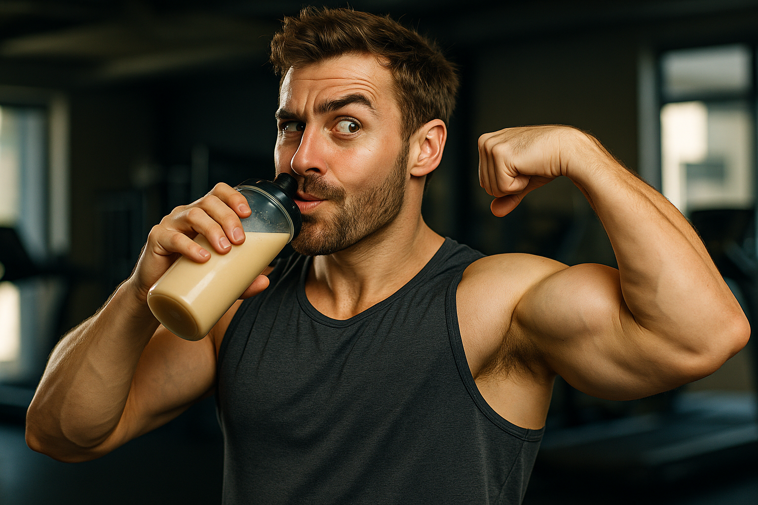 photograph showing a heavily muscular bearded man in a black workout vest, flexing his biceps whilst drinking a protein shake