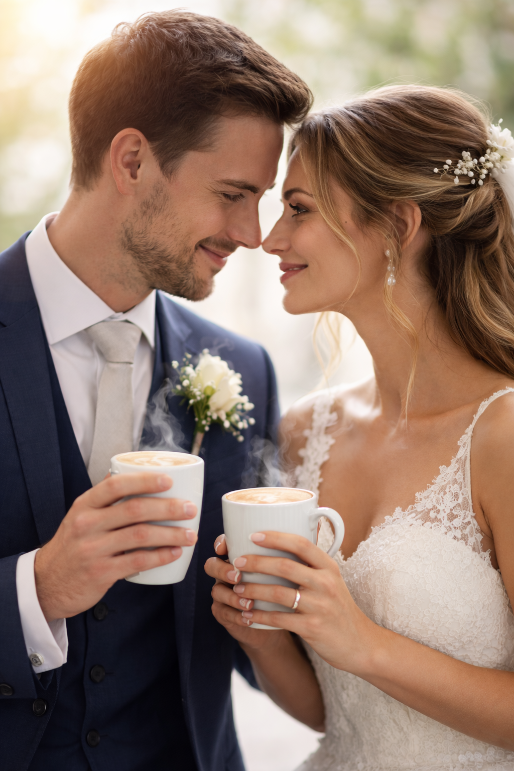 a photorealistic picture of a bride and groom at a wedding facing each other, looking into each others eyes lovingly whilst both drinking a latte, whisps of stem coming from the coffee, and an uncluttered soft focus background