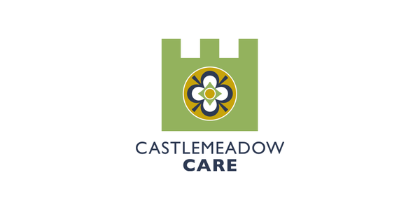 Castlemeadow Care logo with a green castle turret and a flower design in the center.