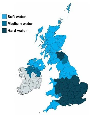 a map of great britain, showing water hardness rating in all areas