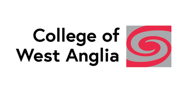 Logo for College of West Anglia with black text and a red and gray swirl design.