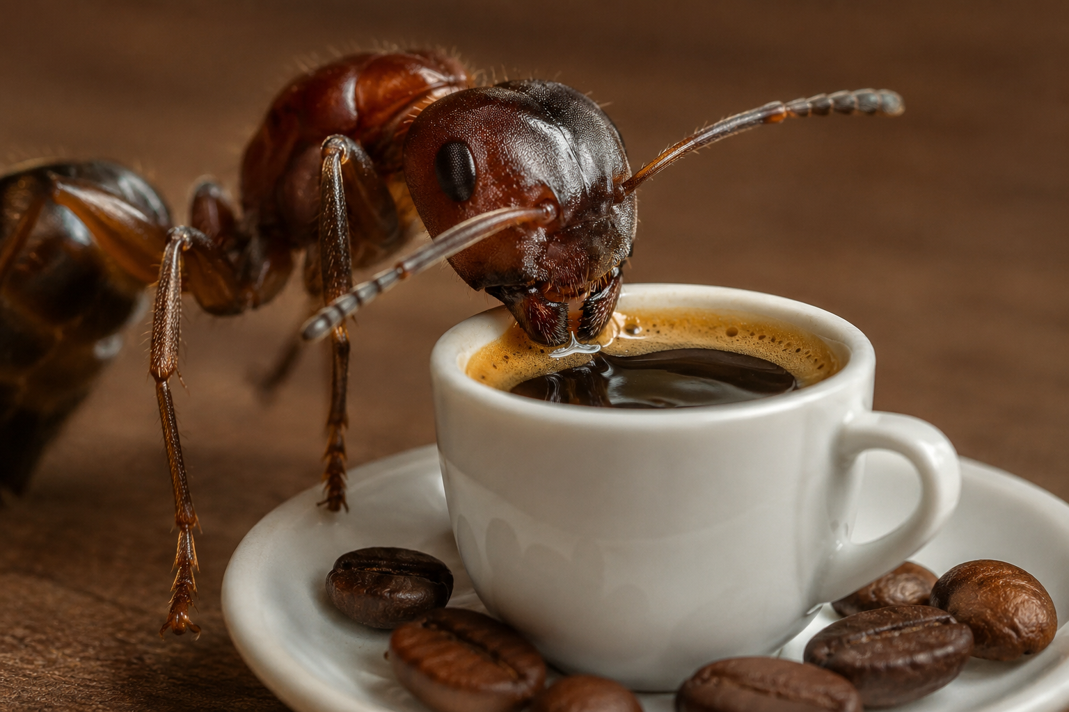 a photorealistic image of a giant ant drinking from a white cup containing espresso