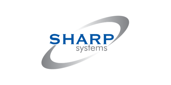 SHARP Systems logo with the word 'SHARP' in blue and 'systems' in gray, encircled by a gray elliptical swoosh.