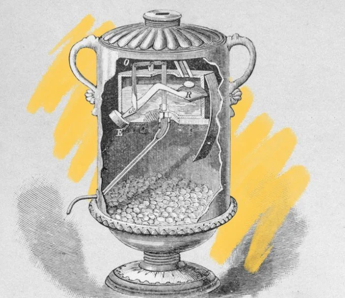 a hand drawn image of Hero's first known vending machine which dispensed holy water