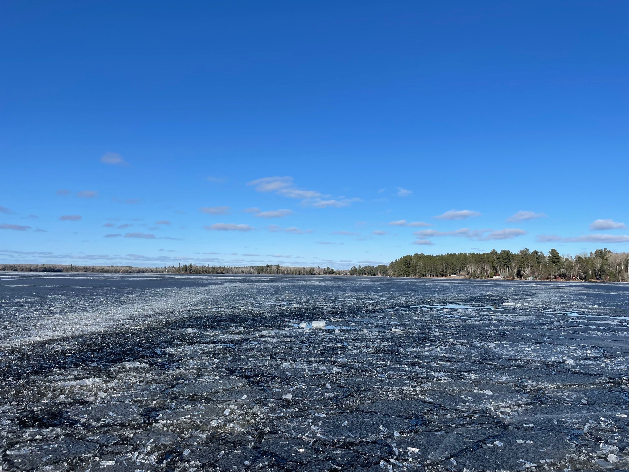 Frozen lake with cracked ice under a clear blue sky, surrounded by a tree-lined shore.