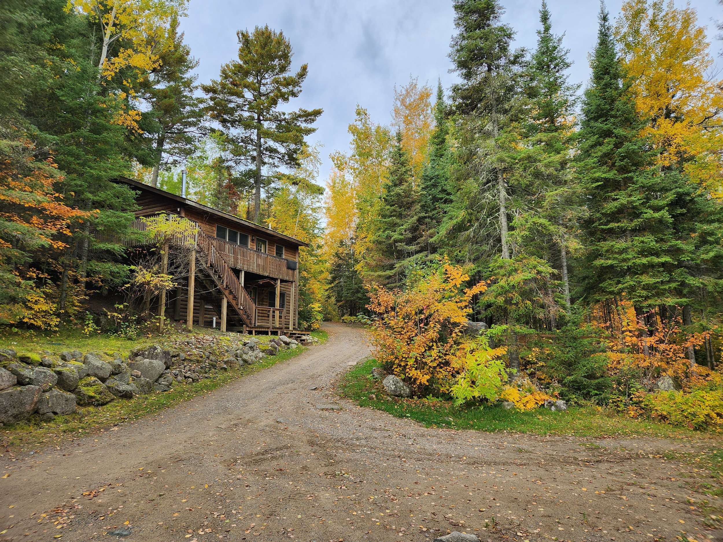 A rustic cabin surrounded by autumn trees on a dirt road in a forest.