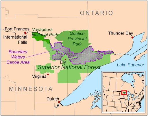 Regional map of the Boundary Waters Canoe Area Wilderness within the Superior National Forest.