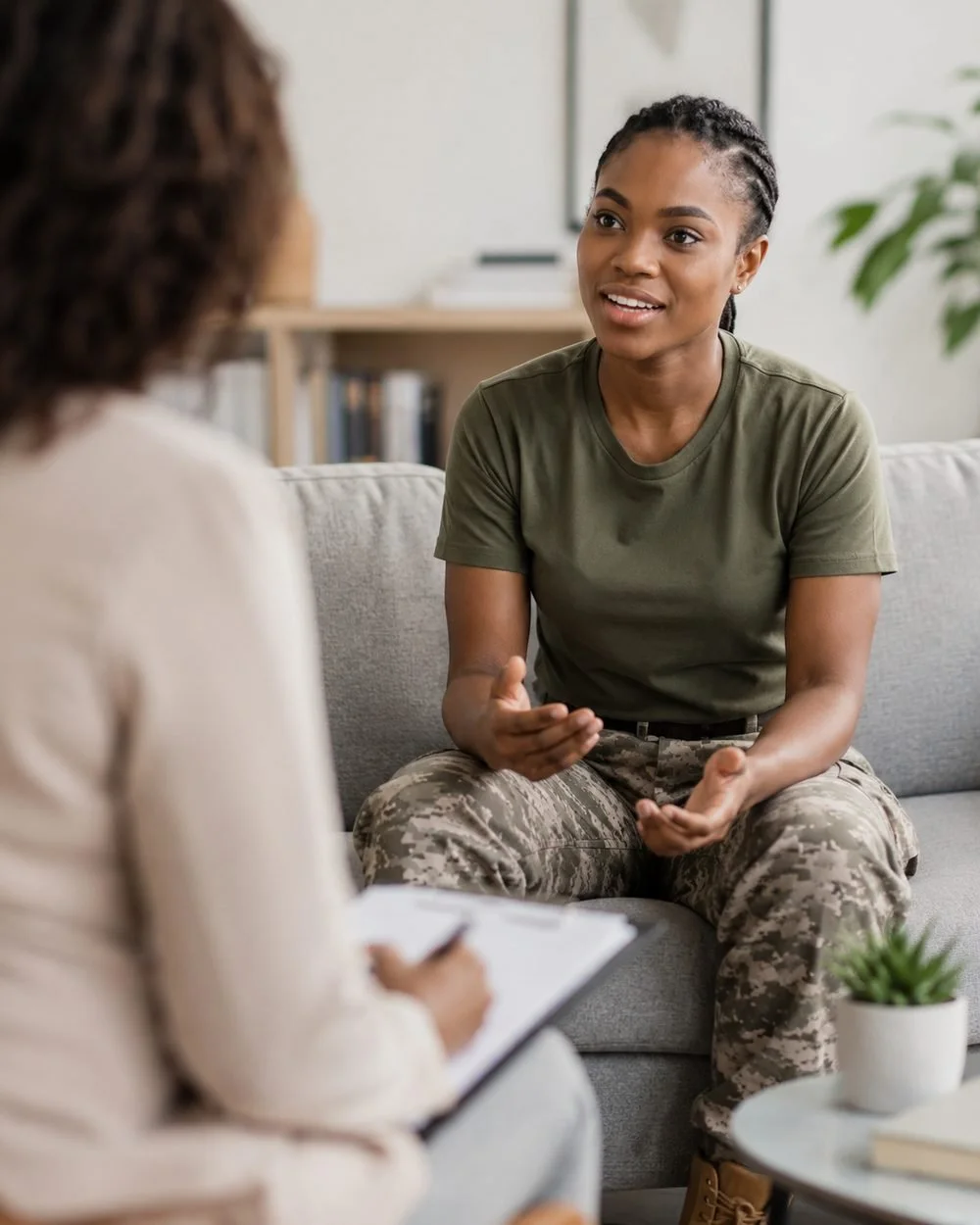 Adult service member speaking with a therapist during an individual therapy session.