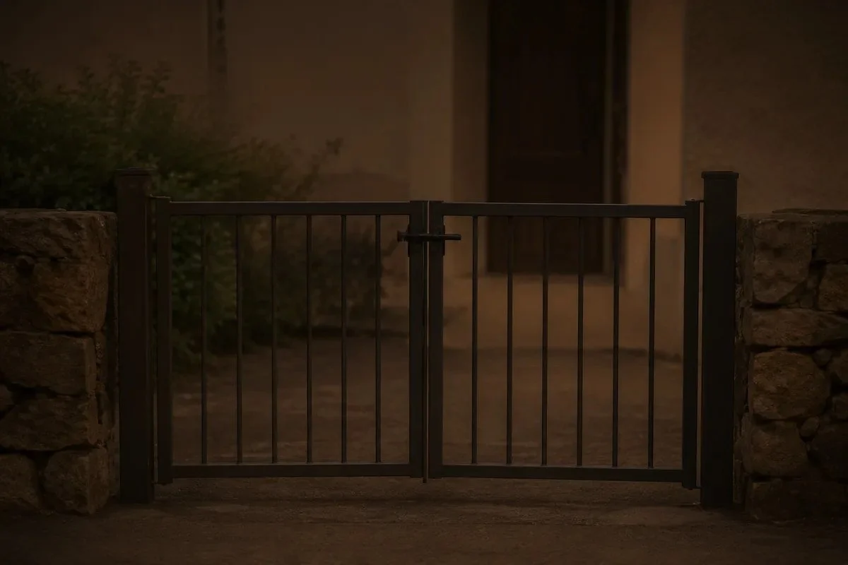 Closed iron gate at dusk, latched shut against a quiet stone wall, representing the clear scope boundary around forensic and evaluation services in security clearance therapy.