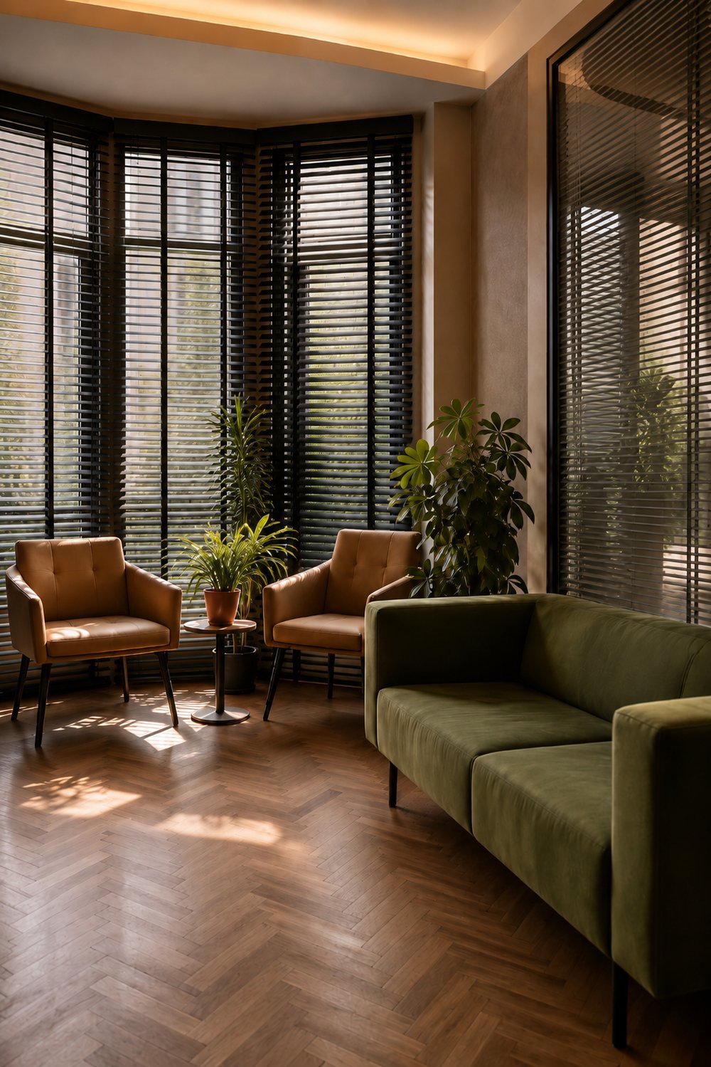 Warm, inviting therapy office interior with comfortable seating and natural light, representing the in-person trauma therapy environment at Next Mission Recovery in Folsom, California.