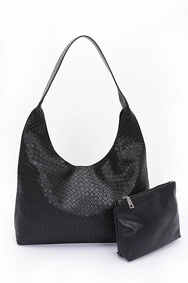 The Essential Weave Shoulder Bag - Black Vegan Leather