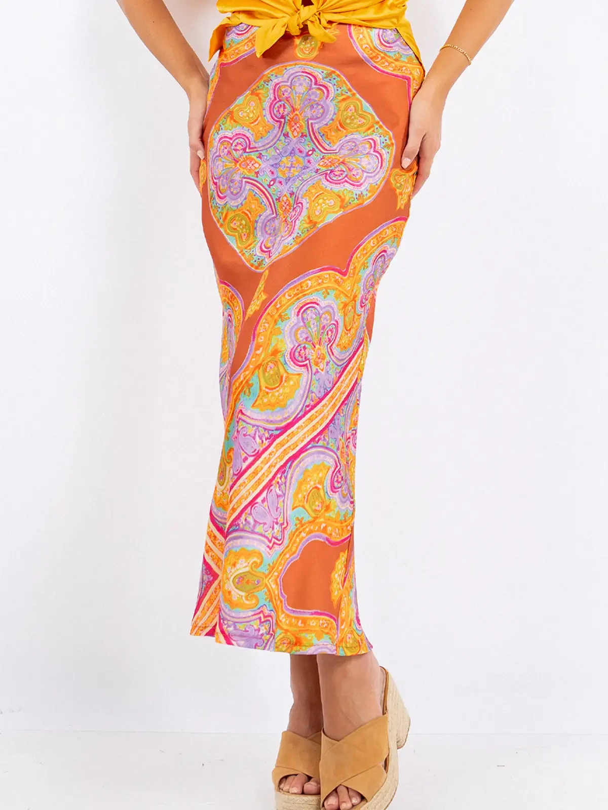 The Marrakech Mosaic Satin Midi - Orange/Yellow/Violet Multi