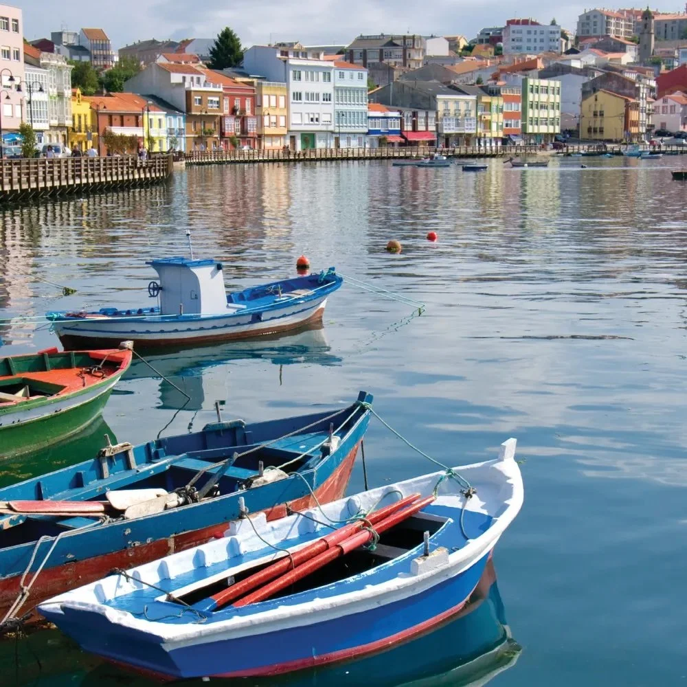 Colorful boats floating on calm water near a pier with buildings and houses in the background on a sunny day.