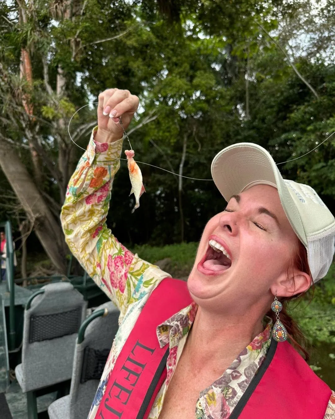 &ldquo;Just leveled up: professional piranha angler ✅ Big thanks to @PUREAmazon &amp; @Abercrombie &amp; Kent for taking me wild in the jungle 🐟 Those razor-toothed little devils look tasty&mdash;think &ldquo;Amazon sushi&rdquo; 😜 &hellip; but in f