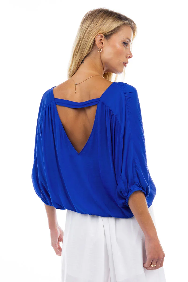 Open-Back Cropped Blouse With Elasticized Waist -Blue 12.webp