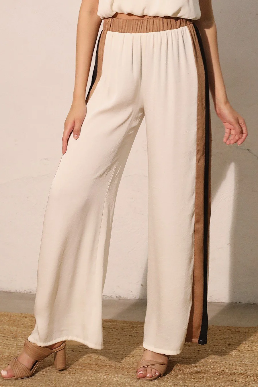 White nude sport striped poly silk pants 1.jpg