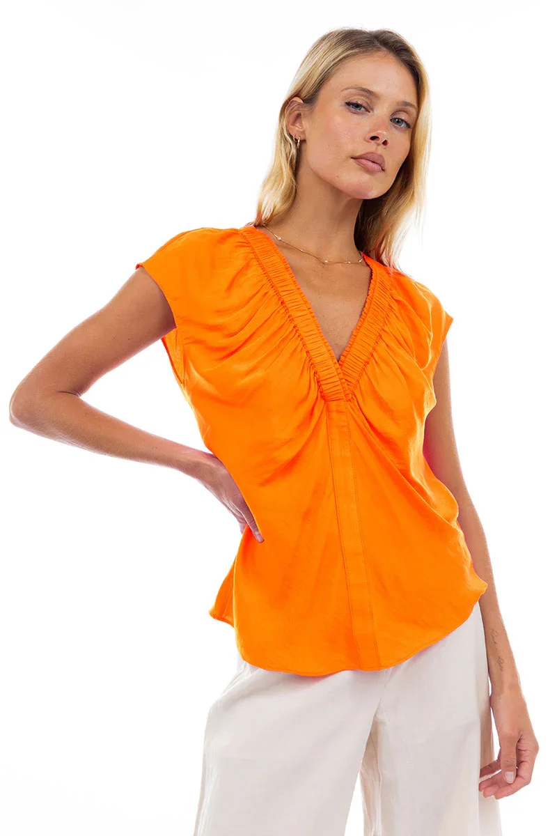 V Neck Ruched Blouse - Neon Orange 1.webp
