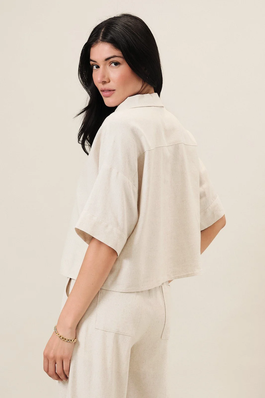 Collared Split Neck Elbow Sleeve Linen Top 13.jpg