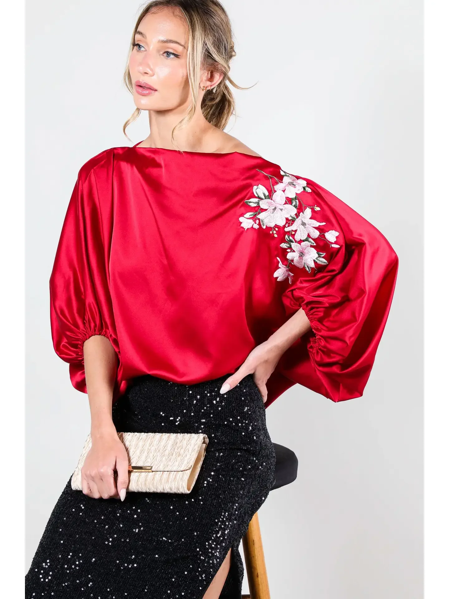 The Scarlet Peony Blouse With Floral Embroidery