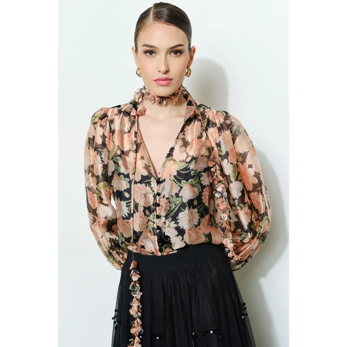 The Paris After Dark Top - Sheer Black & Blush Floral