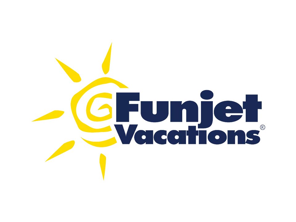 Funjet Vacations logo featuring stylized sun illustration and bold text.