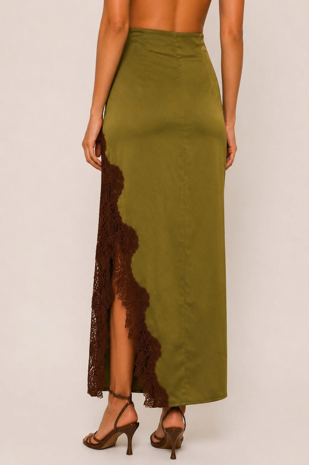 Olive Lace Trim Satin Skirt 1.jpg